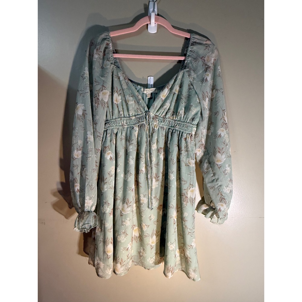 Thirty Thirty Sage Green Floral Long Sleeve Mini Dress Empire Waist Large L